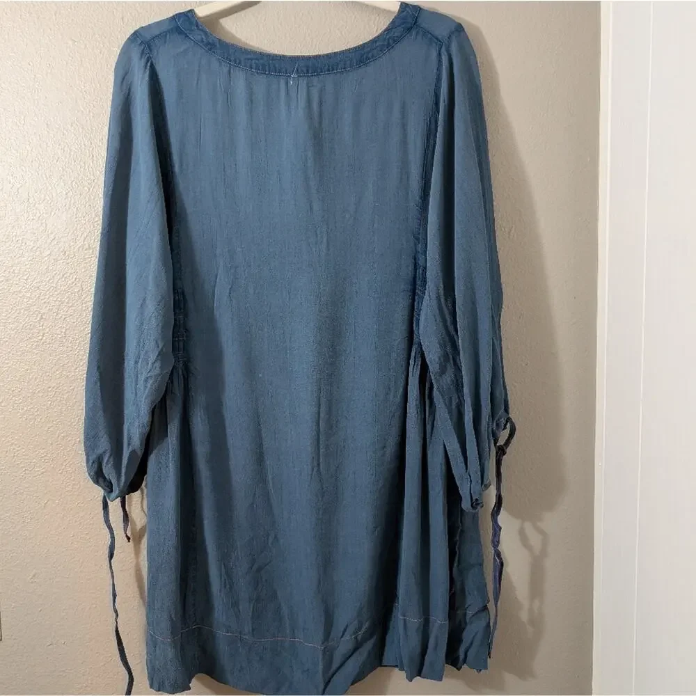 Free People Gypsy Boho Romantics Bohemia Peasant Blouse Dress Rayon Blue Medium - Picture 3 of 3